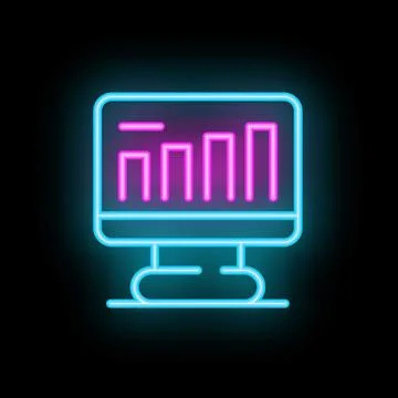 Neon style icon of computer screen showing growing bar chart on black backg.. Illustrazione stock