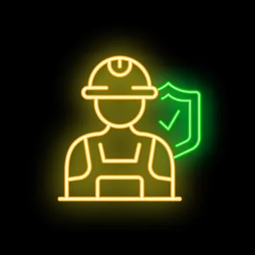 Neon style icon of construction worker wearing hard hat with protection shiel Stock Illustration
