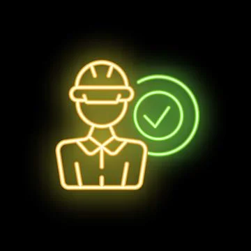Neon style icon of construction worker wearing hard hat with check mark Stock Illustration