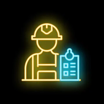 Neon style icon of construction worker holding checklist on clipboard 스톡 일러스트