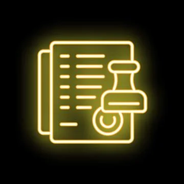Neon style icon document being stamped with approved stamp Stock Illustration