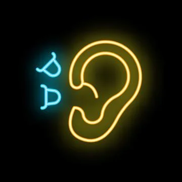 Neon style icon of ear hearing sound waves Stock Illustration