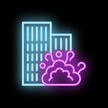 Neon style icon of explosion occurring near buildings representing terrorism Ilustración de archivo