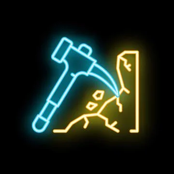 Neon style icon of hammer breaking stone wall with cracks Stock Illustration