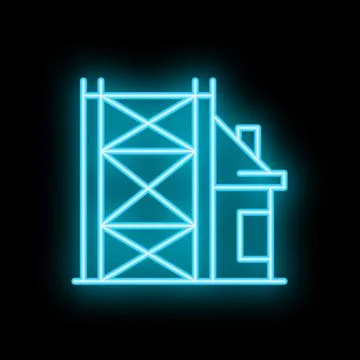 Neon style icon of house under construction with scaffolding Ilustración de archivo