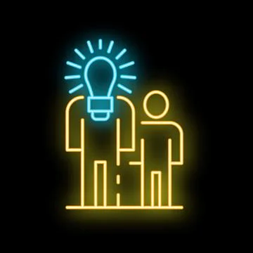 Neon style icon of knowledge transfer with two people and light bulb Stock Illustration