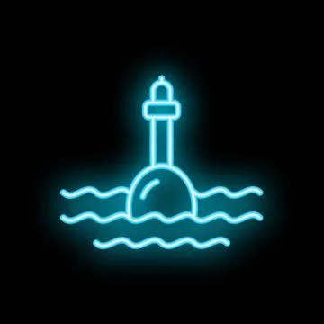Neon style icon of lighthouse emitting light beams over calm sea waves at nig Ilustração Stock