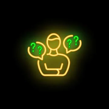Neon style icon of man thinking with question marks 스톡 일러스트