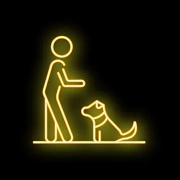 Neon style icon of man training dog sitting and listening Stock Illustration