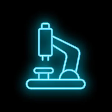 Neon style icon of microscope glowing on black background 스톡 일러스트