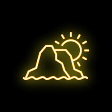 Neon style icon of mountain range with sun shining Stock Illustration
