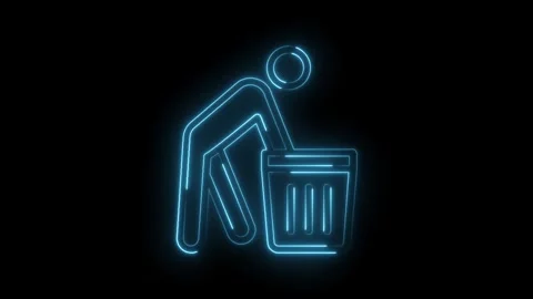 Neon style icon of a person looking into trash can on black background Stock Footage 322988971