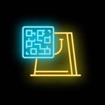 Neon style icon qr code scanning shopping bag on black background Stock Illustration