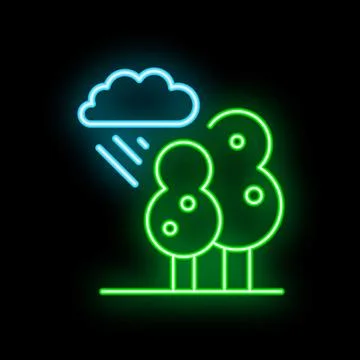 Neon style icon raining on trees with black background Stock Illustration