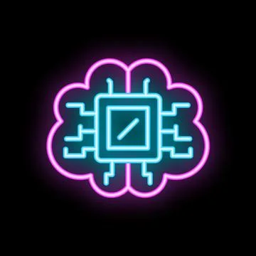 Neon style icon representing artificial intelligence with a brain and cpu 스톡 일러스트