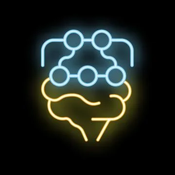 Neon style icon representing artificial intelligence with brain and network Stock Illustration