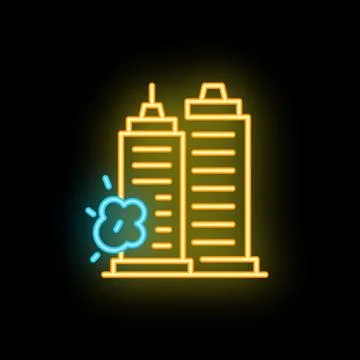 Neon style icon representing explosion near buildings on black background Ilustración de archivo