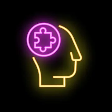 Neon style icon representing human thinking with puzzle piece inside Stock Illustration