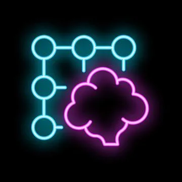 Neon style icon representing machine learning process with brain and algorith Stock Illustration