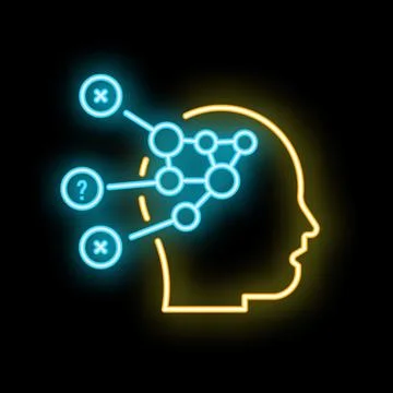 Neon style icon representing problem solving process with human head silhouet 스톡 일러스트
