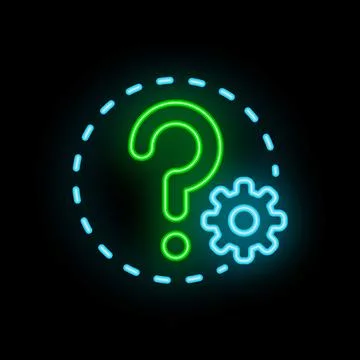 Neon style icon representing problem solving with question mark and cogwheel Illustrazione stock