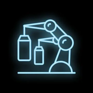 Neon style icon of robotic arm lifting boxes in warehouse Stock Illustration