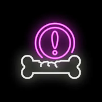 Neon style icon showing broken bone with warning sign Stock Illustration