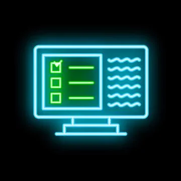 Neon style icon showing a computer displaying a checklist and text file Stock Illustration