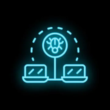 Neon style icon showing computer virus spreading between laptops Stock Illustration