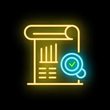 Neon style icon showing document under verification with magnifying glass Stock Illustration