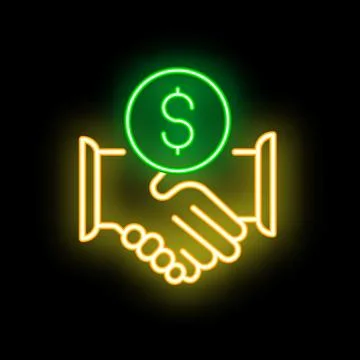 Neon style icon showing two hands shaking with dollar sign above Ilustração Stock