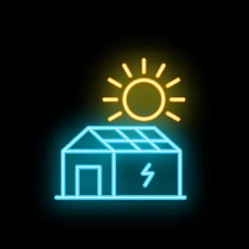 Neon style icon of solar panel house generating electricity Ilustración de archivo