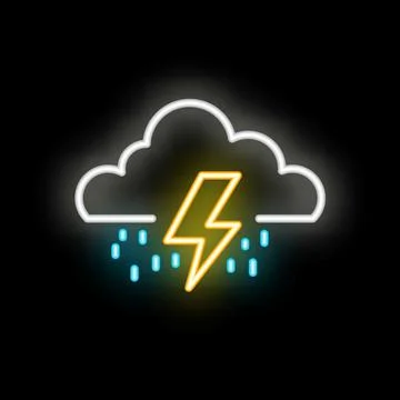 Neon style icon of storm cloud with rain and lightning Stock Illustration
