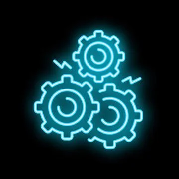 Neon style icon of three gears connecting and working together Stock Illustration