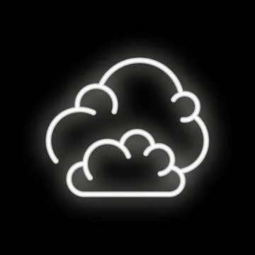 Neon style icon of two overlapping clouds glowing white on black background Stock Illustration