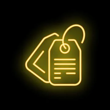 Neon style icon of two tags hanging with string on black background Stock-Illustration