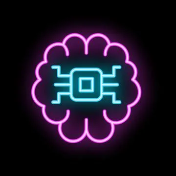 Neon style illustration of a brain with a cpu inside representing artificia.. Stock Illustration