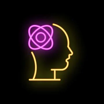 Neon style illustration of head with atom symbol inside for smart concept Stock Illustration