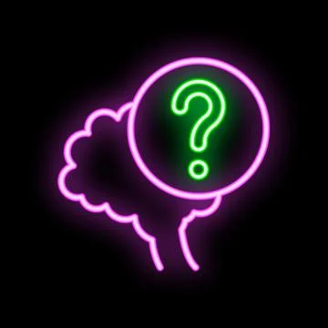 Neon style illustration of human brain with question mark inside suggesting.. Stock Illustration