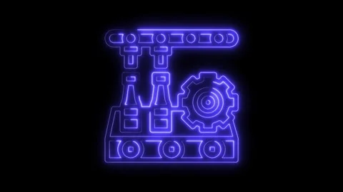 Neon style industrial machine animation conveyor belt bottling process and gear Stock Footage 322990732