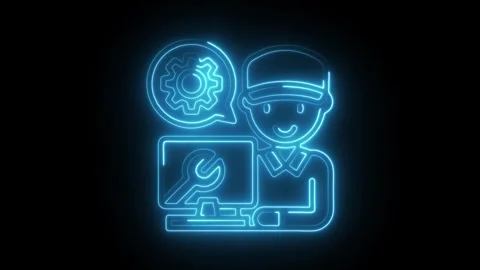 Neon style it support technician with gear chat icon on black background an.. Stock Footage 309913726