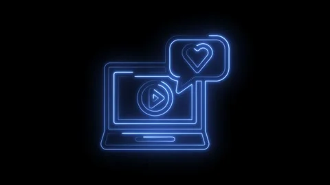 Neon style laptop with play button and heart like icon animation Stock Footage 322963396