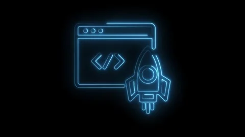 Neon style launching rocket with code window graphic motion design animation Stock Footage 330782562