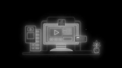 Neon-style line animation of a desktop workstation, Neon desktop workstatio.. Stock Footage 334764184