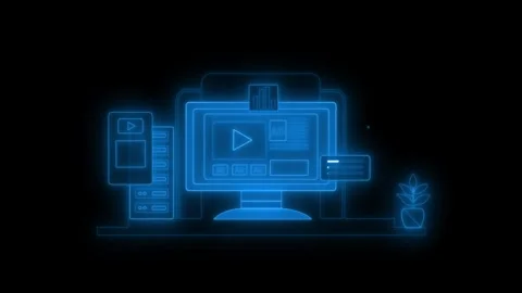 Neon-style line animation of a desktop workstation, Neon desktop workstatio.. Stock Footage 334764190