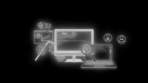 Neon-style line art of computer monitor and laptop with search animation Stock Footage 334764261