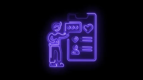 Neon style man interacting with social media post on smartphone user engageme Stock Footage 345984220