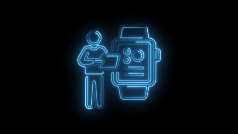 Neon style man with tablet and smartwatch icon design on black background Stock Footage 345986933