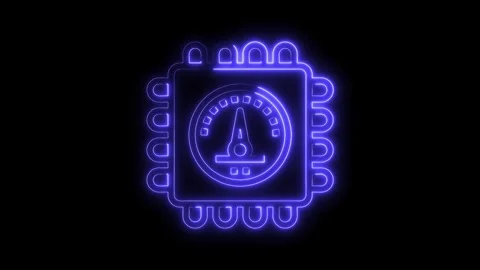 Neon style microchip with speedometer icon animation glowing brightly on dark Stock Footage 322990918