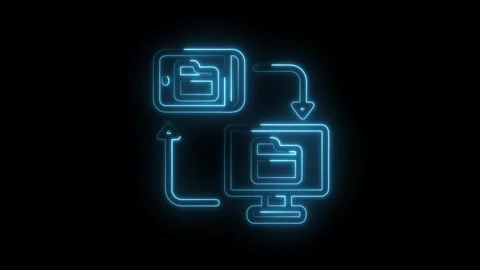 Neon style mobile data transfer to computer animation on dark background Stock Footage 312309307